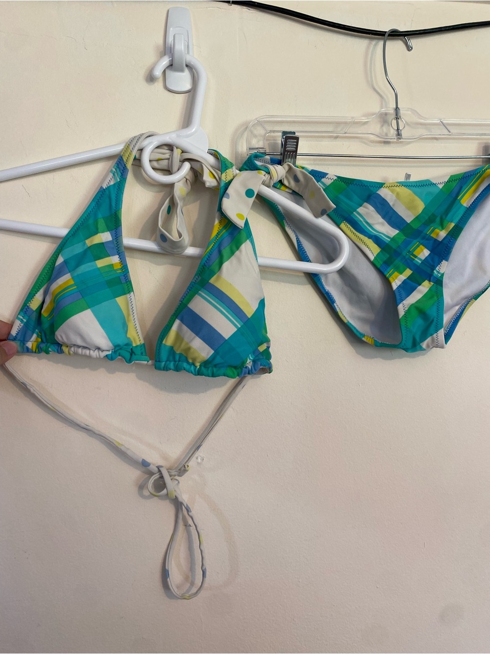 Aero 2 piece bikini blue / green plaid polka dots, reversible top, Size medium